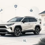 Toyota RAV4-style compact SUV with subtle ownership cost and reliability icons