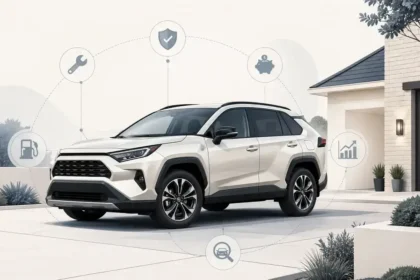 Toyota RAV4-style compact SUV with subtle ownership cost and reliability icons