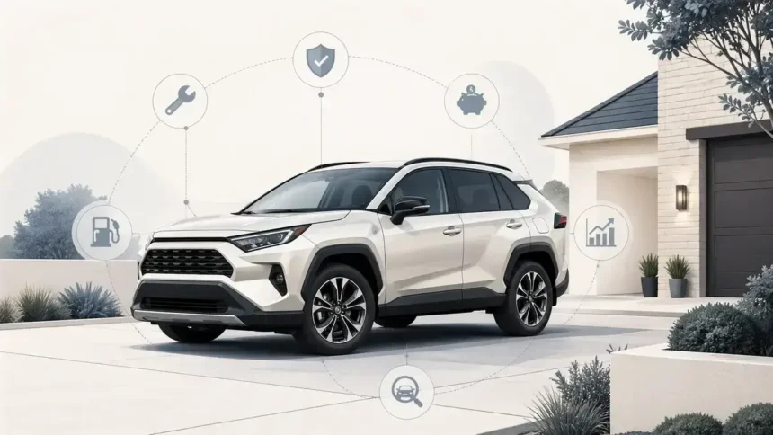 Toyota RAV4-style compact SUV with subtle ownership cost and reliability icons