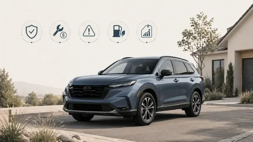 Used Honda CR-V-style compact SUV with reliability and ownership cost icons