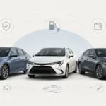 Three used compact cars representing Honda Civic, Toyota Corolla, and Mazda3 in a comparison guide.