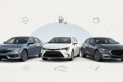 Three used compact cars representing Honda Civic, Toyota Corolla, and Mazda3 in a comparison guide.