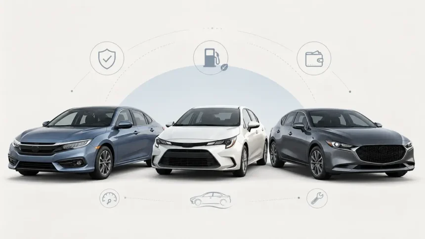 Three used compact cars representing Honda Civic, Toyota Corolla, and Mazda3 in a comparison guide.