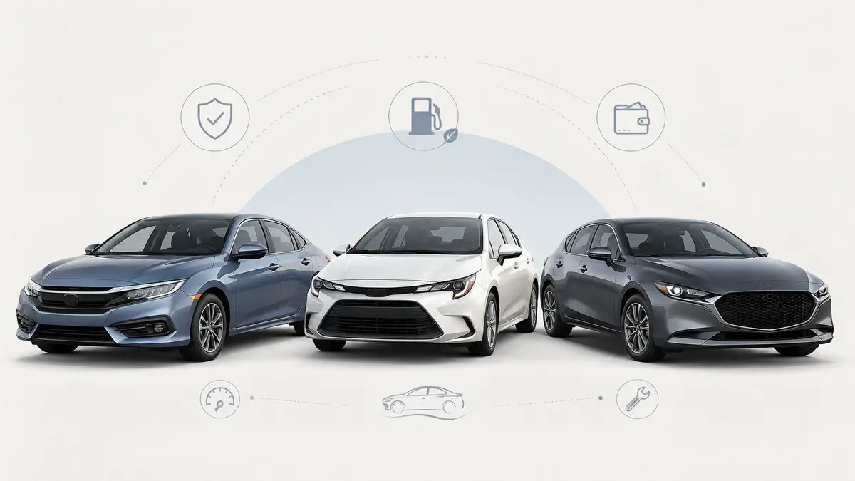 Three used compact cars representing Honda Civic, Toyota Corolla, and Mazda3 in a comparison guide.