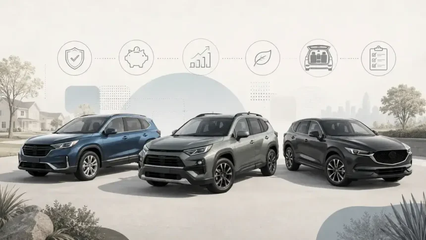 Three used compact SUVs compared for buyers choosing between Honda CR-V, Toyota RAV4, and Mazda CX-5