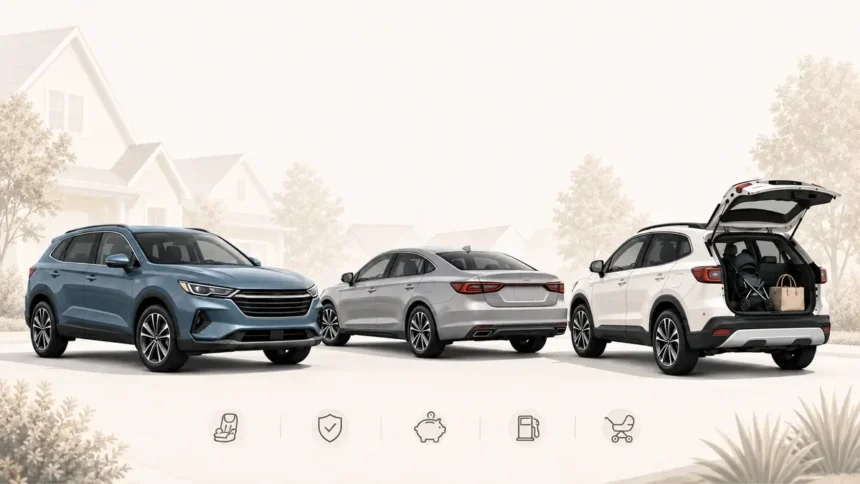 Best used family cars including a compact SUV, midsize sedan, and small SUV for practical family buyers