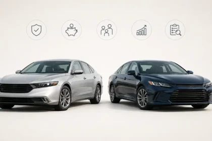 Two midsize sedans shown side by side for a used Honda Accord vs Toyota Camry buying guide