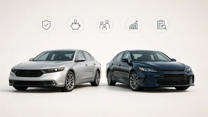 Two midsize sedans shown side by side for a used Honda Accord vs Toyota Camry buying guide