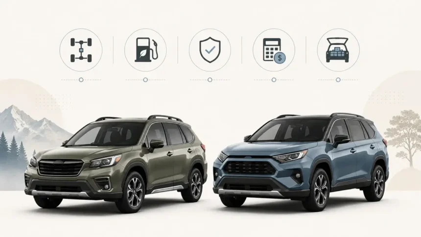 Subaru Forester and Toyota RAV4 style compact SUVs shown side by side for a used SUV comparison