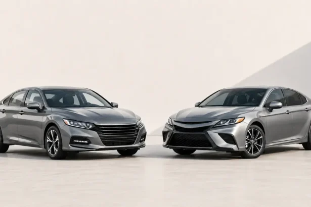 Honda Accord vs Toyota Camry used sedans shown side by side in a clean comparison image