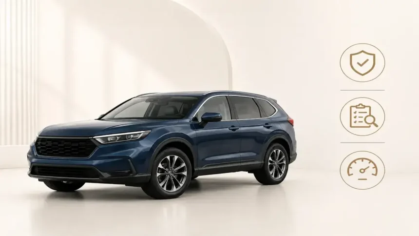 Honda CRV-style compact SUV with a simple used-car model-year decision chart