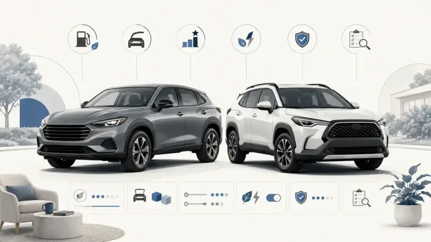 Honda HR-V-style SUV and Toyota Corolla Cross-style SUV shown side by side for a used small SUV comparison