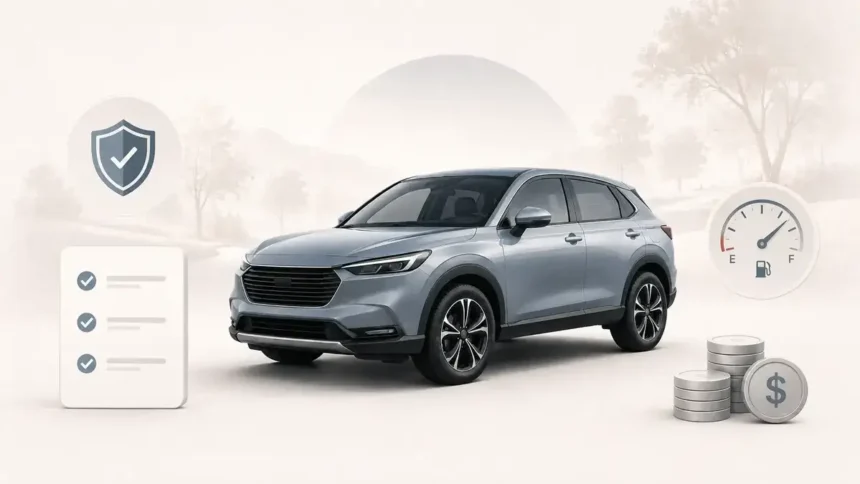 Modern compact SUV with ownership cost and reliability checklist visuals