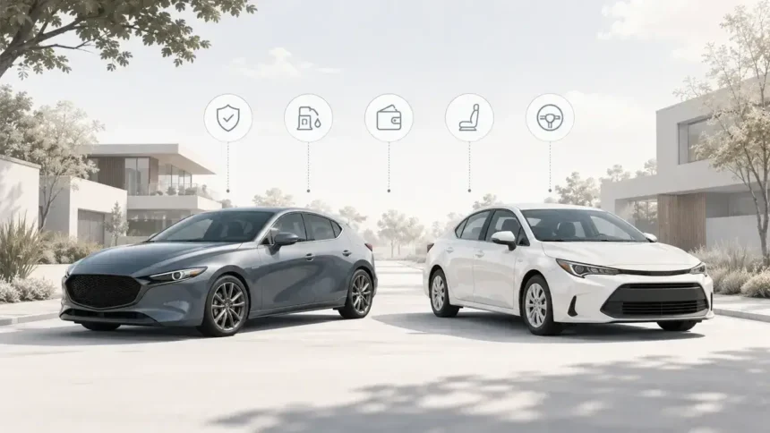 Mazda 3 and Toyota Corolla style compact cars compared for used-car buyers