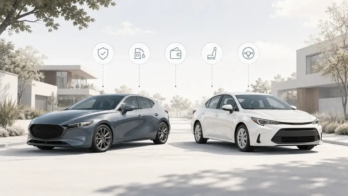 Mazda 3 and Toyota Corolla style compact cars compared for used-car buyers