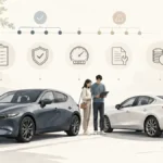 Mazda3-style compact sedan and hatchback used-car buying illustration with reliability and inspection cues