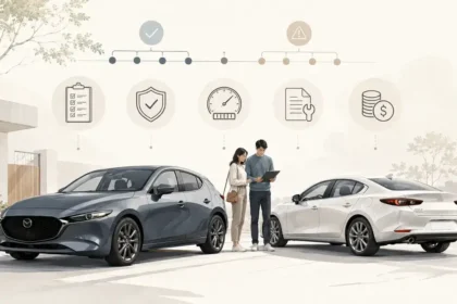 Mazda3-style compact sedan and hatchback used-car buying illustration with reliability and inspection cues