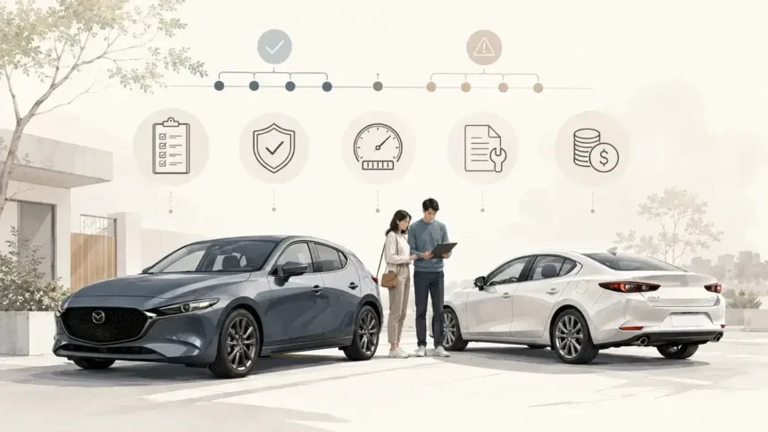 Mazda3-style compact sedan and hatchback used-car buying illustration with reliability and inspection cues