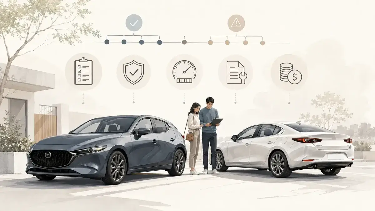 Mazda3-style compact sedan and hatchback used-car buying illustration with reliability and inspection cues