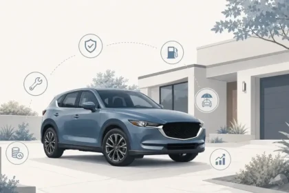 Mazda CX-5-style compact SUV with ownership cost and reliability icons