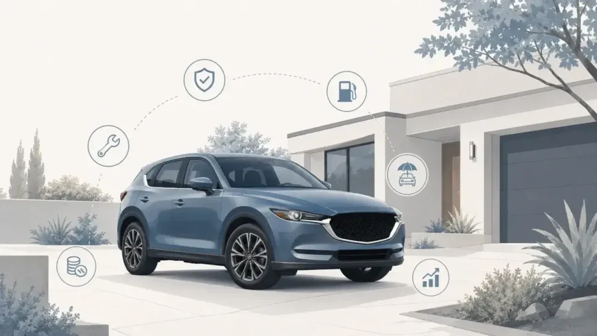 Mazda CX-5-style compact SUV with ownership cost and reliability icons
