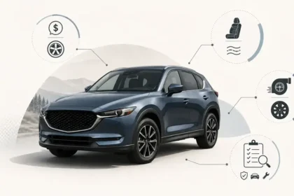 Mazda CX-5-style compact SUV with trim comparison and used-buying checklist icons