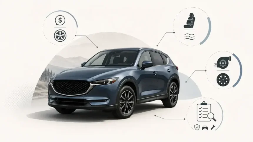 Mazda CX-5-style compact SUV with trim comparison and used-buying checklist icons