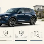 Mazda CX-5-style compact SUV with subtle reliability and used-car inspection icons