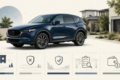 Mazda CX-5-style compact SUV with subtle reliability and used-car inspection icons