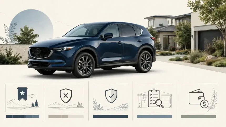 Mazda CX-5-style compact SUV with subtle reliability and used-car inspection icons