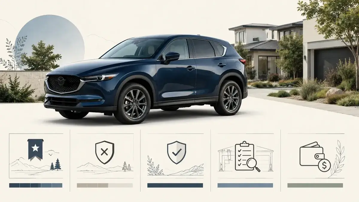 Mazda CX-5-style compact SUV with subtle reliability and used-car inspection icons