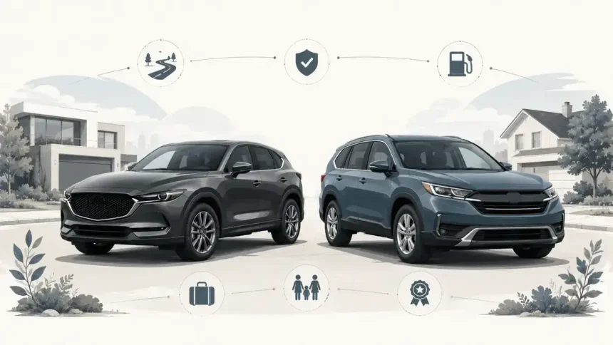 Mazda CX-5-style SUV and Honda CR-V-style SUV shown side by side for a used compact SUV comparison