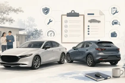 Mazda3-style sedan and hatchback with subtle reliability and ownership cost cues