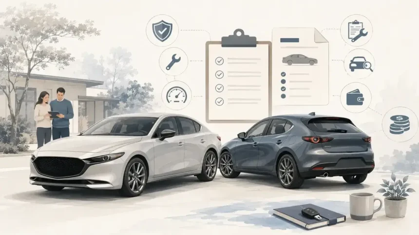 Mazda3-style sedan and hatchback with subtle reliability and ownership cost cues