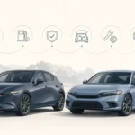 Mazda3-style compact car beside Honda Civic-style compact car for a used compact car comparison