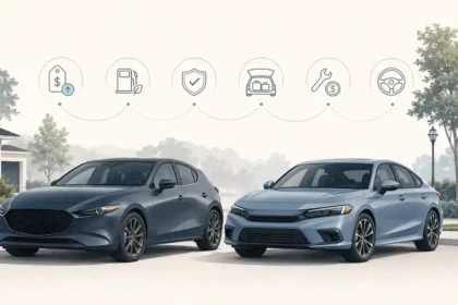 Mazda3-style compact car beside Honda Civic-style compact car for a used compact car comparison