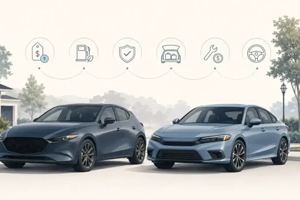 Mazda3-style compact car beside Honda Civic-style compact car for a used compact car comparison