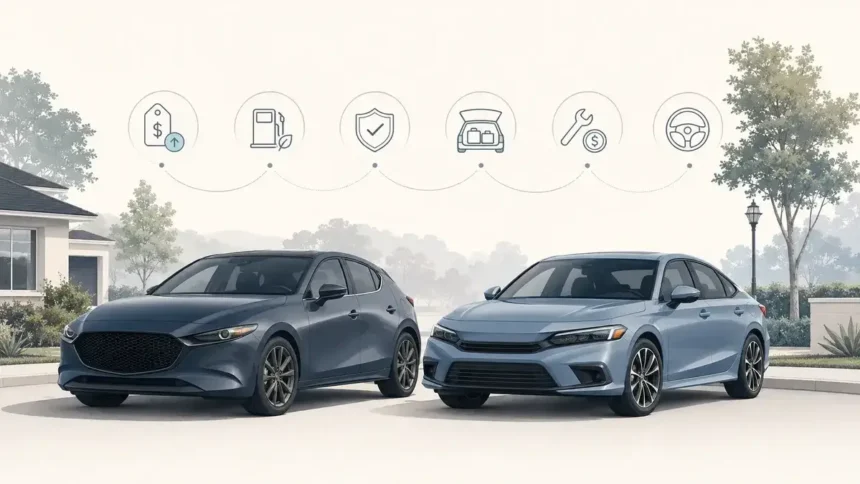 Mazda3-style compact car beside Honda Civic-style compact car for a used compact car comparison