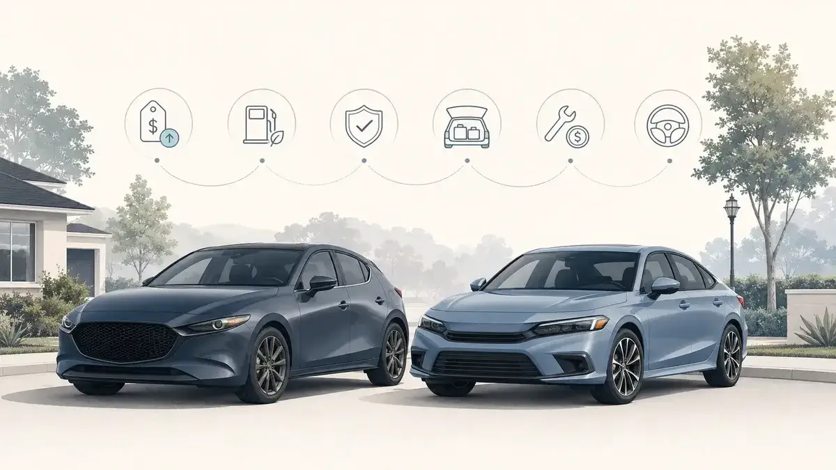 Mazda3-style compact car beside Honda Civic-style compact car for a used compact car comparison
