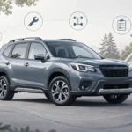 Subaru Forester-style compact SUV with subtle reliability and maintenance checklist visuals for used buyers