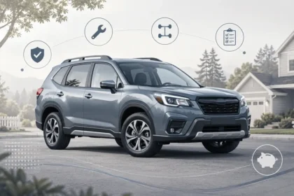 Subaru Forester-style compact SUV with subtle reliability and maintenance checklist visuals for used buyers