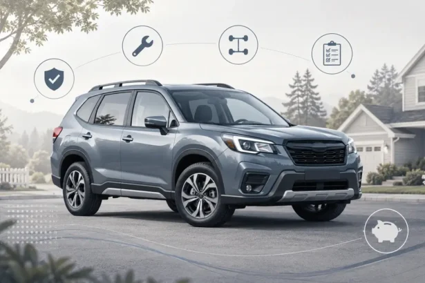 Subaru Forester-style compact SUV with subtle reliability and maintenance checklist visuals for used buyers