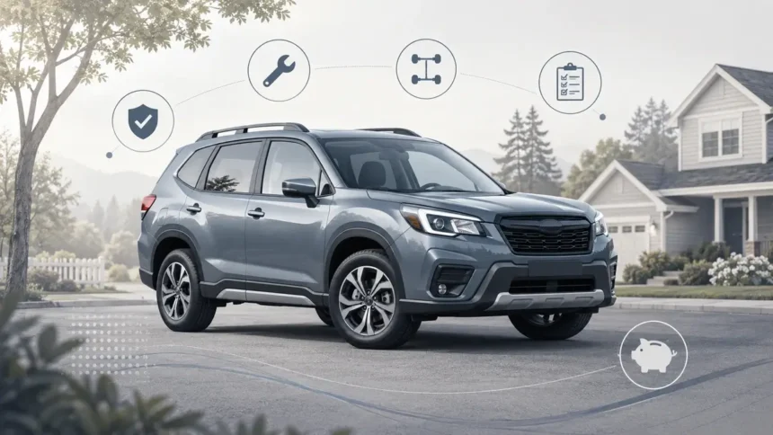 Subaru Forester-style compact SUV with subtle reliability and maintenance checklist visuals for used buyers