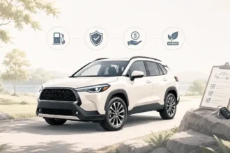 Toyota Corolla Cross-style compact SUV with ownership cost and reliability checklist cues