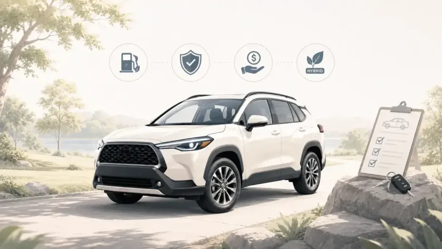 Toyota Corolla Cross-style compact SUV with ownership cost and reliability checklist cues