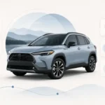 Toyota Corolla Cross-style compact SUV with model-year and recall-check visual cues