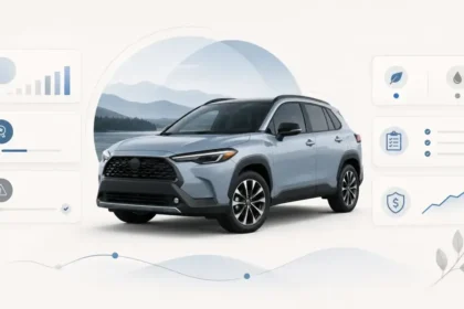 Toyota Corolla Cross-style compact SUV with model-year and recall-check visual cues