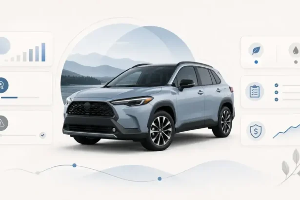 Toyota Corolla Cross-style compact SUV with model-year and recall-check visual cues