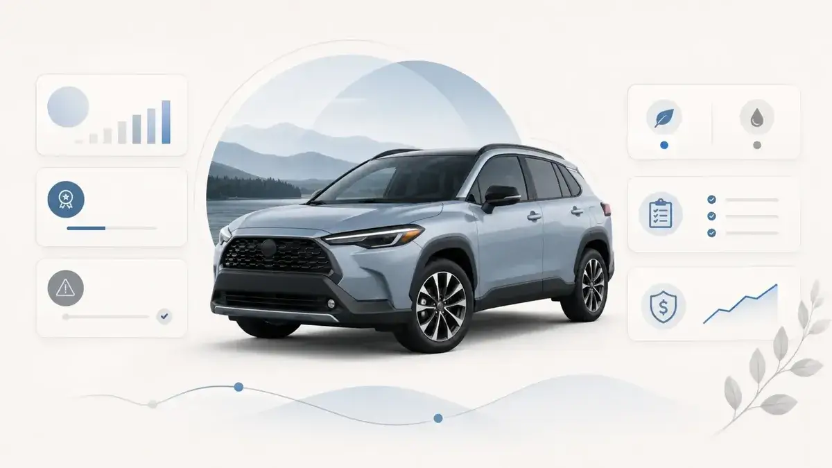 Toyota Corolla Cross-style compact SUV with model-year and recall-check visual cues