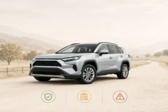 Generic compact SUV with best, inspect carefully, and higher caution model-year labels for a used Toyota RAV4 buying guide